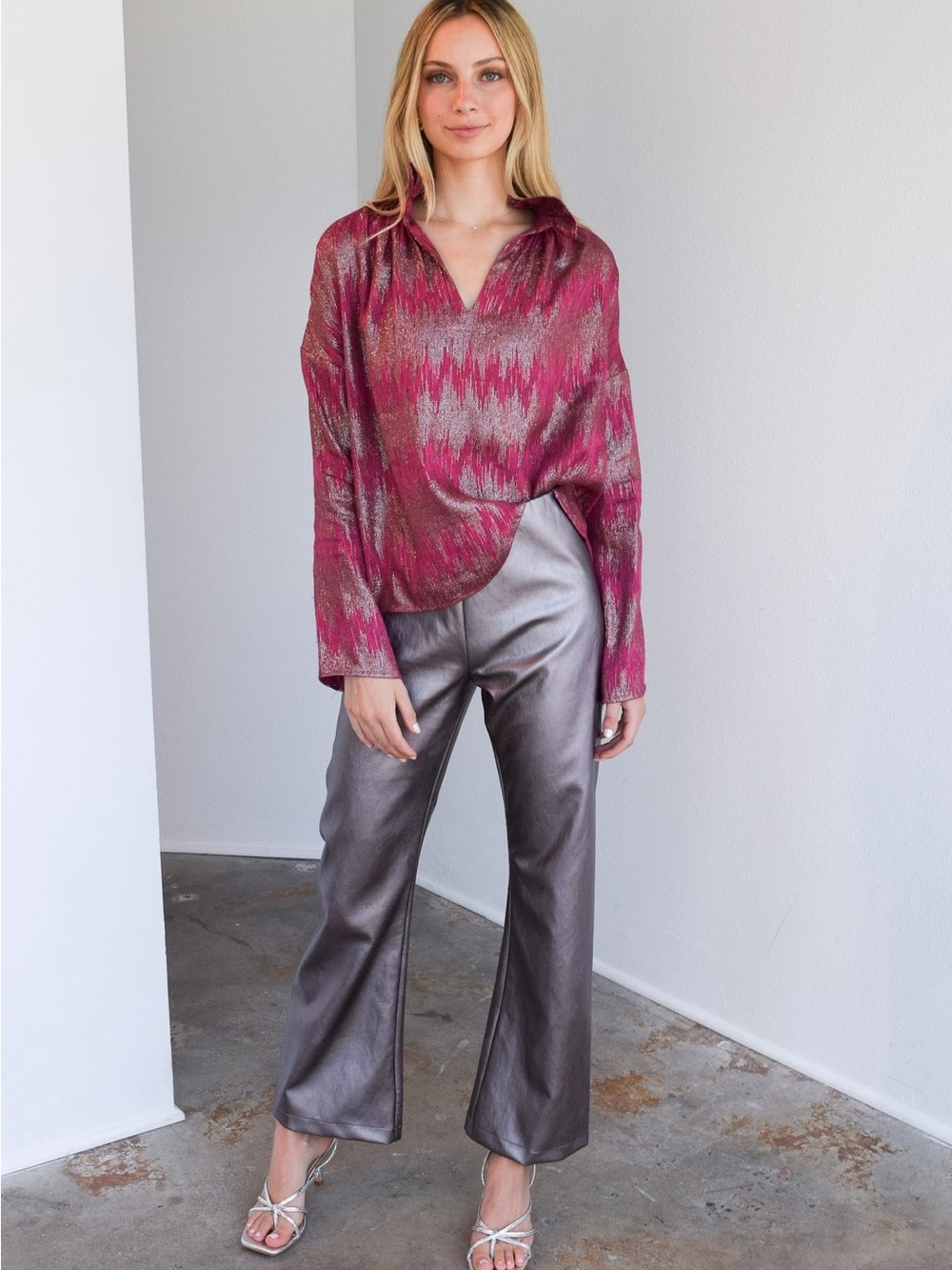 Never a wallflower pull on pants. platinum faux leather.
